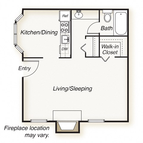 Floor plan for studio, 1 bath, 534 sqft